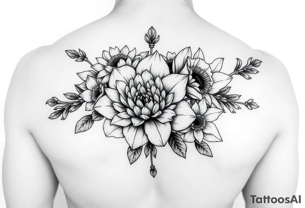 Bouquet of chrysanthemum peony cherry blossom and daffodils tattoo idea