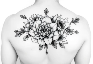 Bouquet of chrysanthemum peony cherry blossom and daffodils tattoo idea