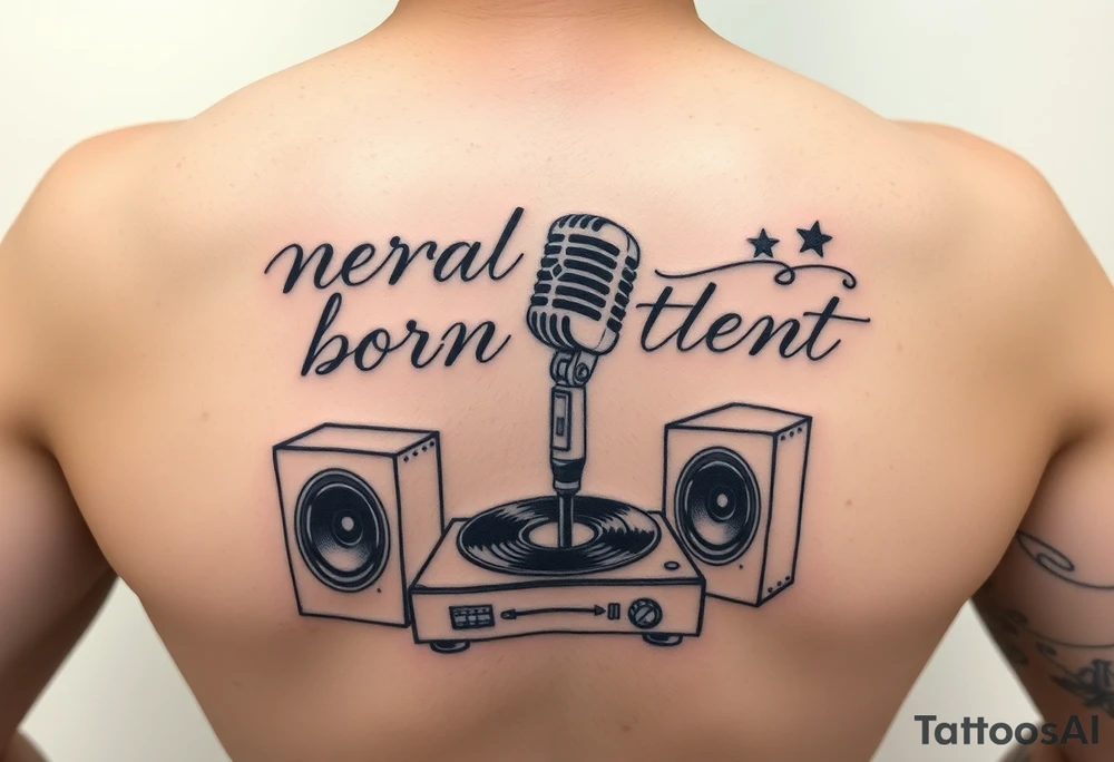 natural born talent written with a microphone and speakers with an old record player tattoo idea