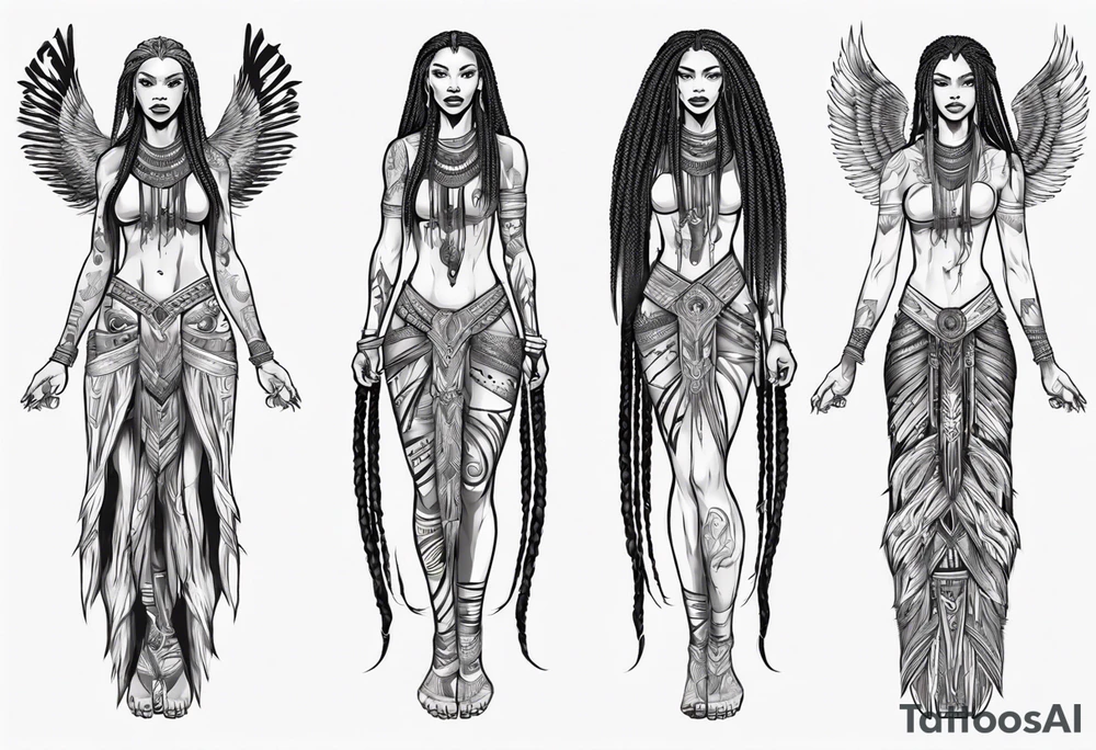 African female valkyre full body angelic
slim face long braided hair tattoo idea