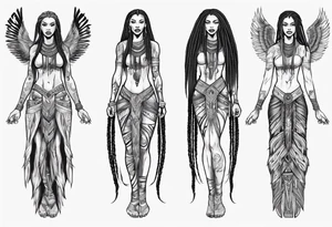 African female valkyre full body angelic
slim face long braided hair tattoo idea