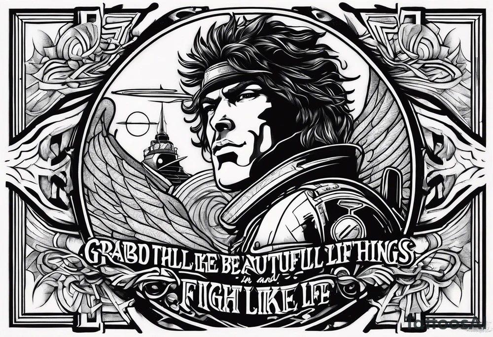 Space cowboy, text “grab all the beautiful things in life and fight like hell” tattoo idea