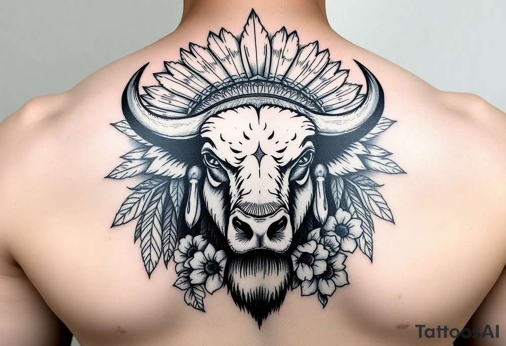 powerful majestic white buffalo with an native American headdress surrounded by flowers tattoo idea