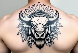 powerful majestic white buffalo with an native American headdress surrounded by flowers tattoo idea