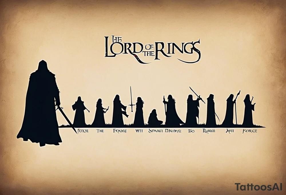 Create a tattoo design for the inner forearm. The main element should be the silhouettes of the nine characters from 'The Lord of the Rings' embarking on their journey, positioned on top of the Narsil sword. Surrounding the main design, include the text 'I'm One with the Force, and the Force is with me.' written in Elvish script. The design should be sleek and fit naturally on the inner forearm, with the silhouettes and sword being the central focus, while the Elvish script elegantly encircles the design. tattoo idea