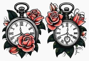 Two pocket watches linked together by a chain spelling "Lyv". Roses and lilies in the background tattoo idea