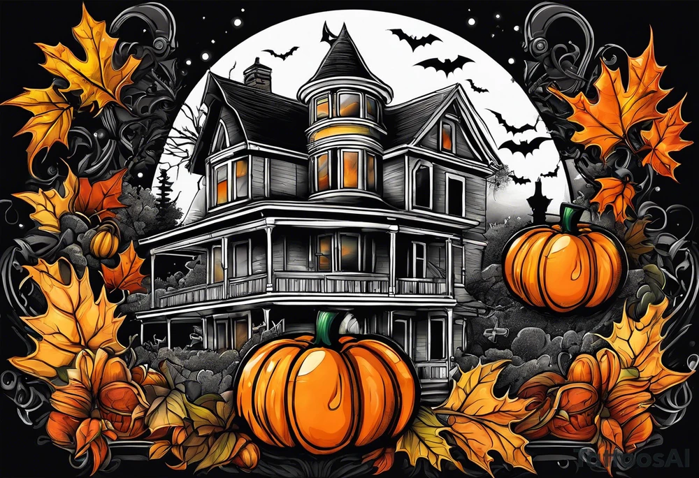 Midwestern street in fall with Halloween pumpkin tattoo idea