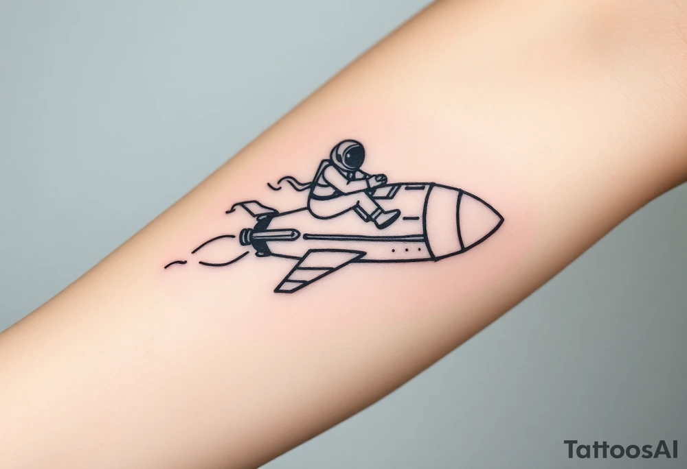 Busted Rocket ship with smoke coming out the back with astronaut riding it tattoo idea