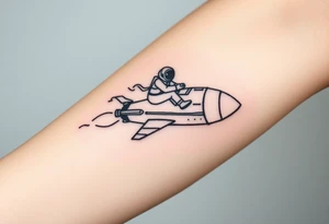 Busted Rocket ship with smoke coming out the back with astronaut riding it tattoo idea