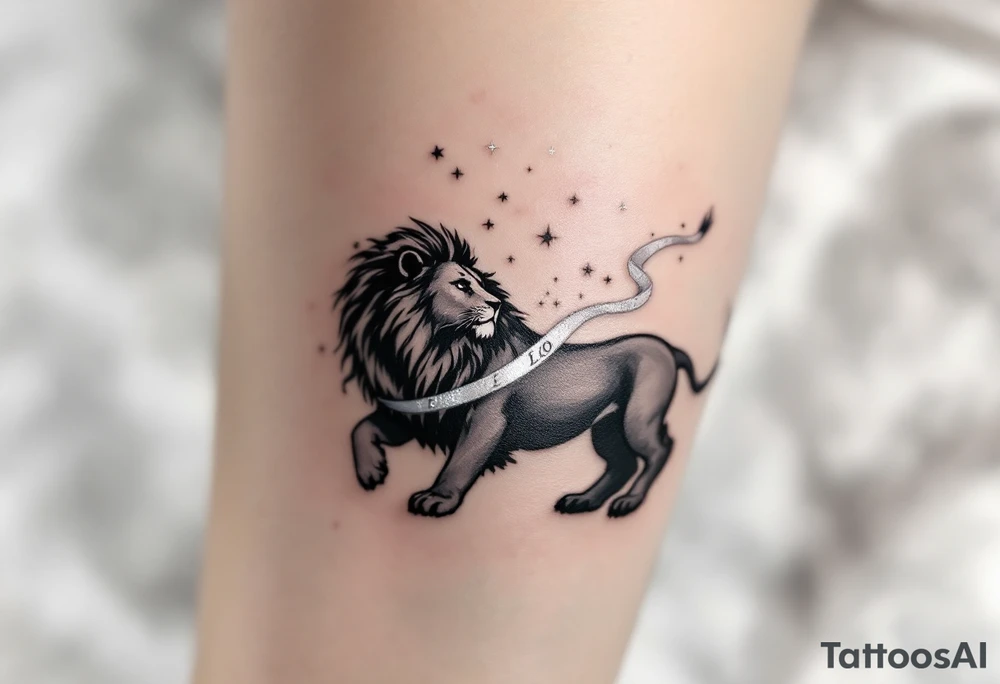A sleek black lion stretches beneath a ribbon of Leo constellation stars in pale silver ink, draped across an ombré sky. tattoo idea