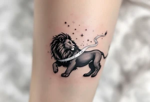 A sleek black lion stretches beneath a ribbon of Leo constellation stars in pale silver ink, draped across an ombré sky. tattoo idea