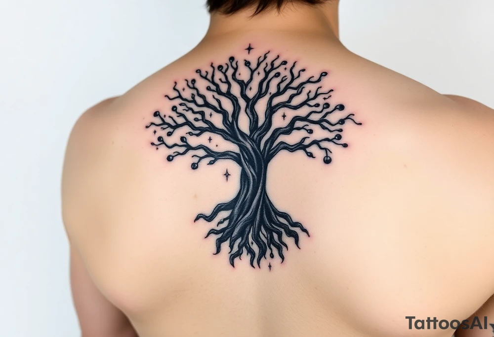 mystical tree of life with cosmic roots and celestial branches tattoo idea