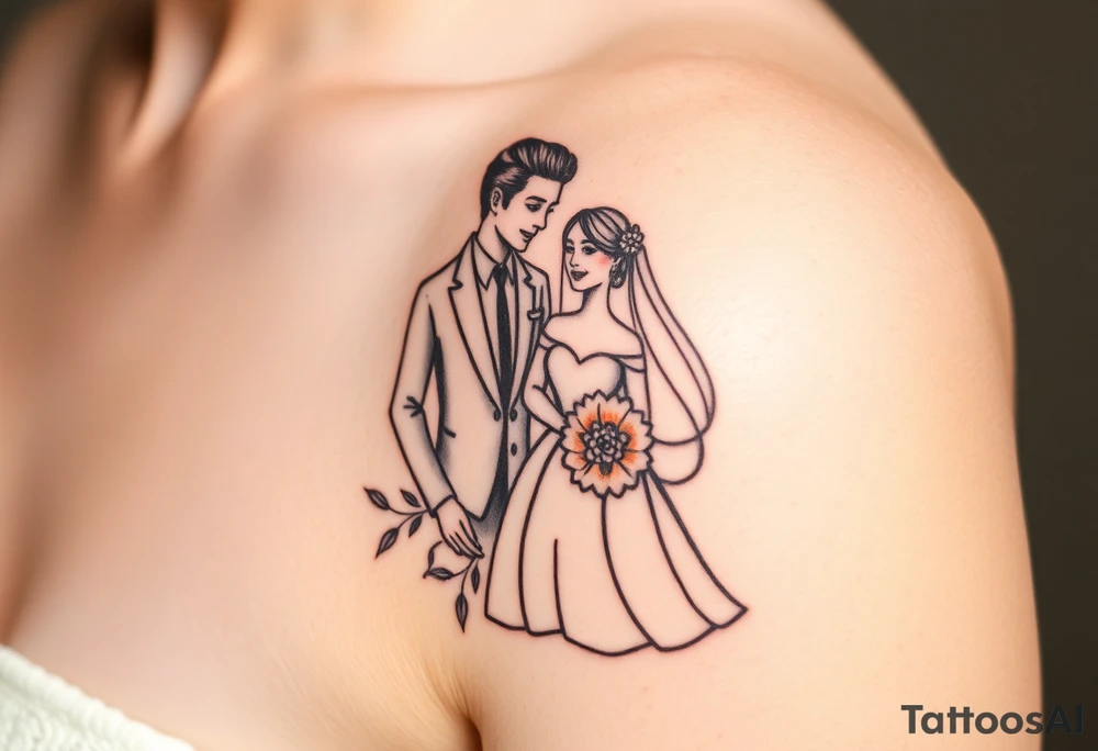 A softly shaded vintage-style illustration of a bride and groom, with sepia tones for an old-world charm tattoo idea