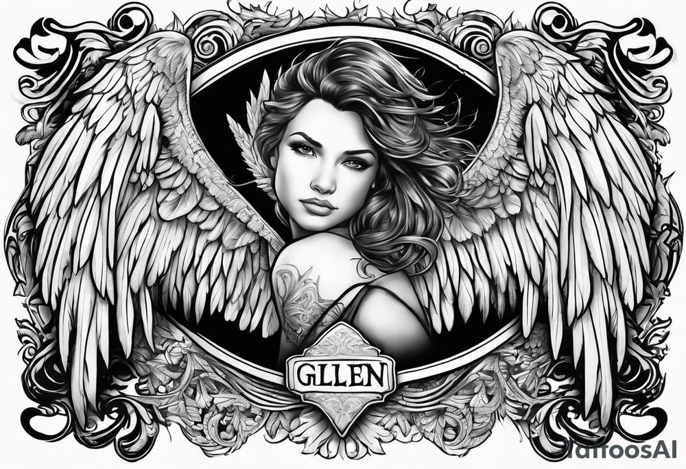 The word Glenn on a banner with angel Wings tattoo idea