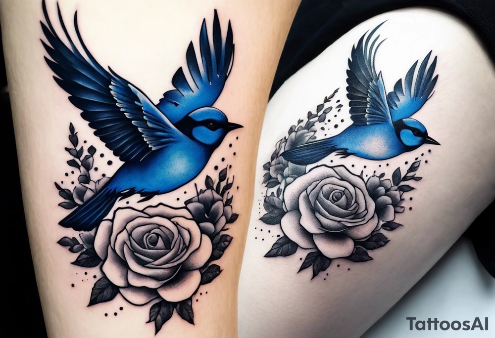 Rocky mountain peak with mountain blue birds flying around and wild prairie roses around tattoo idea