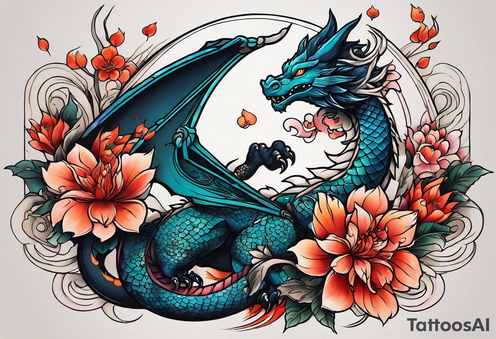 Makes an image that MIXES with lightsabers, charizard, nezuko kamado, or a ring, wands, dragons, WITH FLOWERS tattoo idea