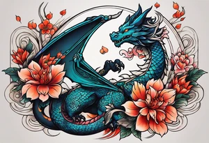 Makes an image that MIXES with lightsabers, charizard, nezuko kamado, or a ring, wands, dragons, WITH FLOWERS tattoo idea