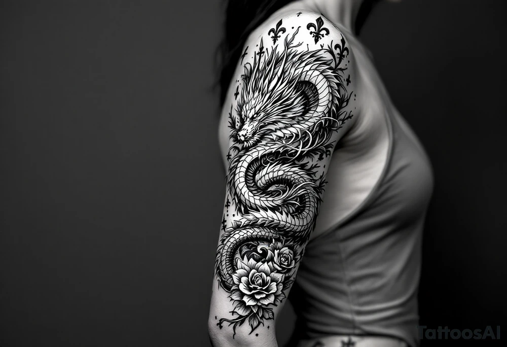 un dragon central entouré de fleurs de lys tattoo idea