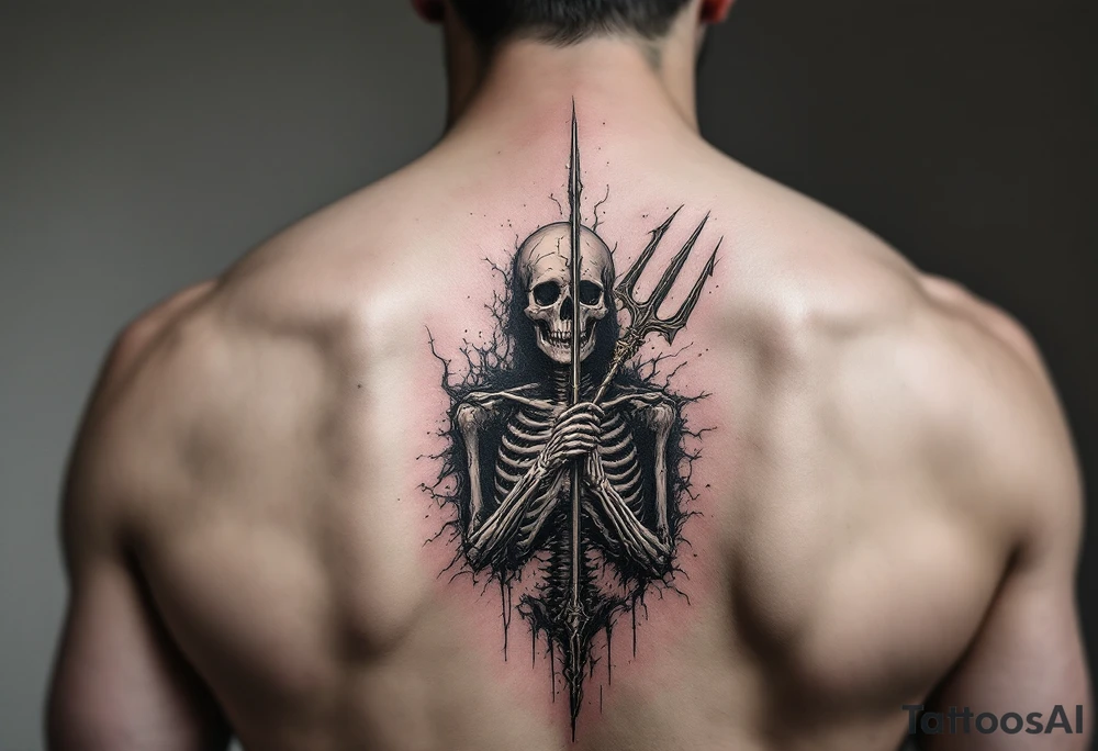skeleton behind trident coming out of skin effect tattoo idea