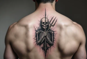 skeleton behind trident coming out of skin effect tattoo idea