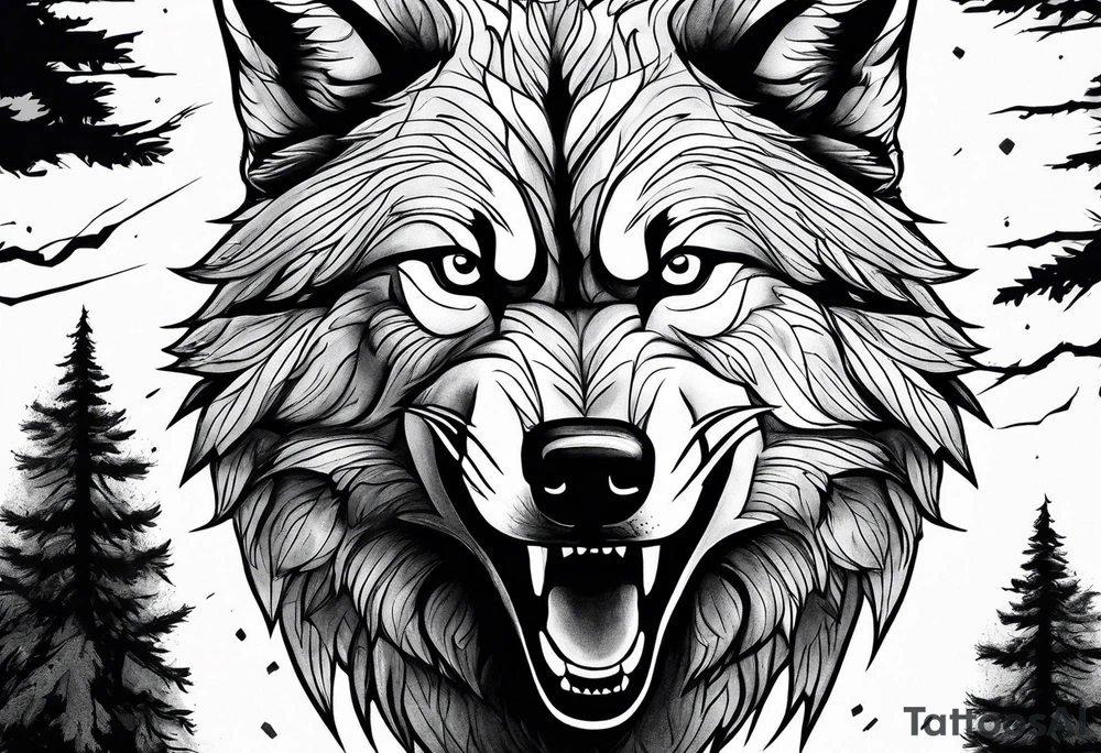 Powerful storm raging through forest with an alpha wolf snarling tattoo idea