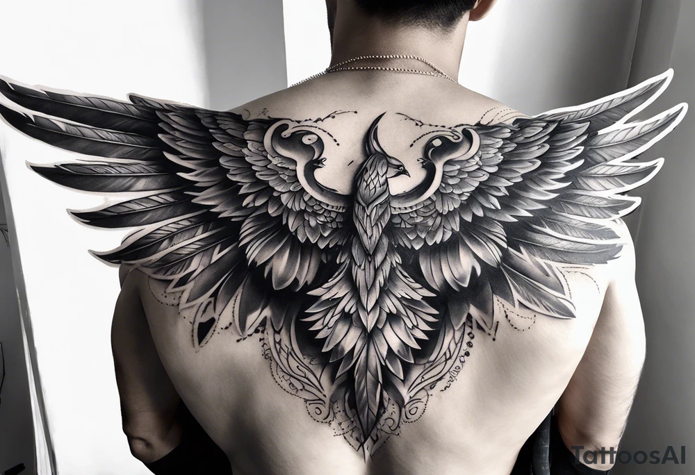wings tattoo extending from a mens shoulders, covering the upper arms and upper back. The feathers are intricately detailed, with soft shading in black and gray to create depth and texture. tattoo idea