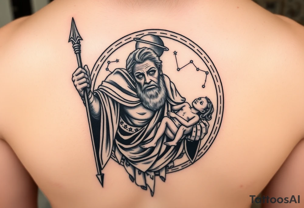a tattoo design of the Greek God Saturn but older and nearly dying holding his spear, in his other arms cradling a twin dying younger version of himself. The gemini constellation is in the background behind the Saturn Gods. Long vertical form as this will be on a thigh - include the planet Saturn rings going round the design tattoo idea