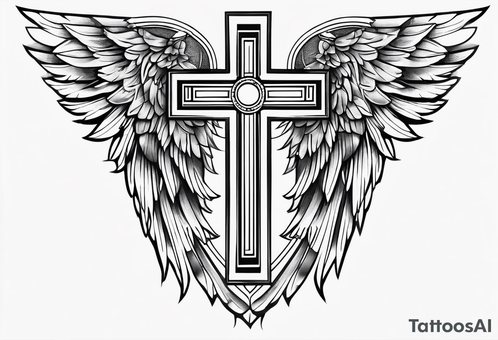 angel wings tattoo with a cross and the letters DJ in it tattoo idea