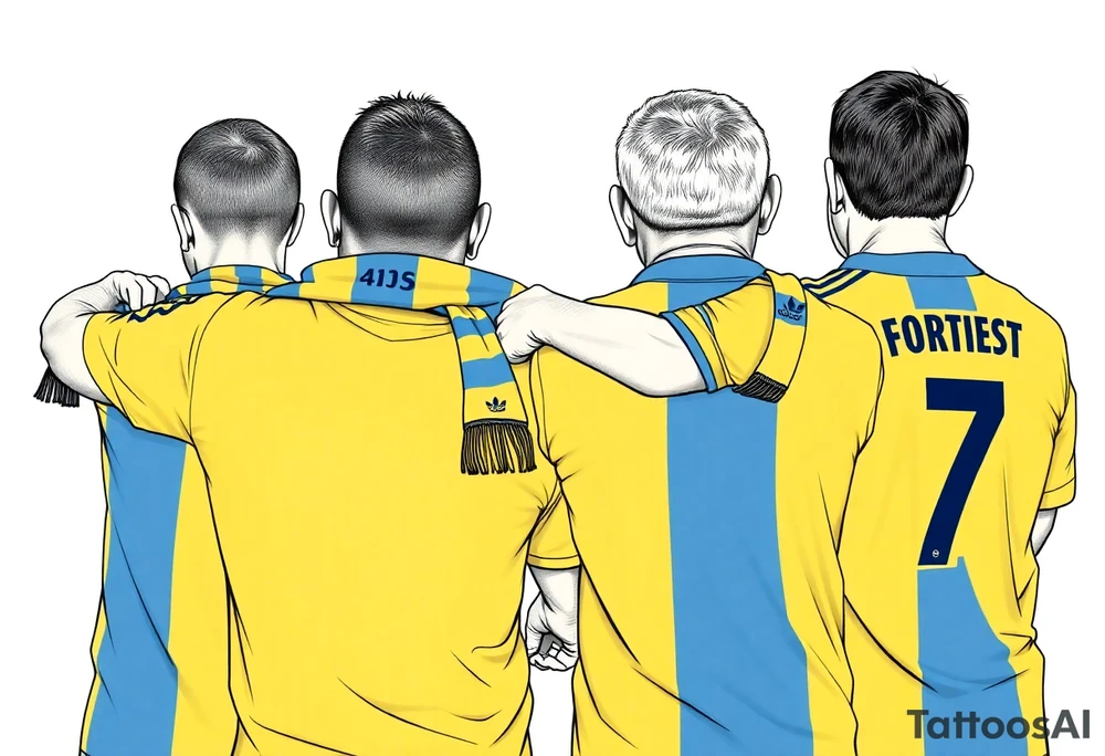 4 soccer fans from their backs, wearing yellow blue shirts. the second one from left having a kid on his shoulders, and he's rising a scarf.
the right one is older, more fat and shorter and wearing an shirt with the number 7 on it and has on his shoulders line like adidas
the left on has a yellow-blue Checkered on his shirt and he's holding a yellow-blue scarf in his right hand
make some space between the men tattoo idea