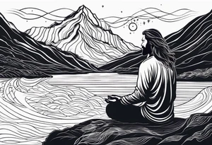 a meditating long haired man by the mountain river, the sky is covered with spiritual pattern tattoo idea