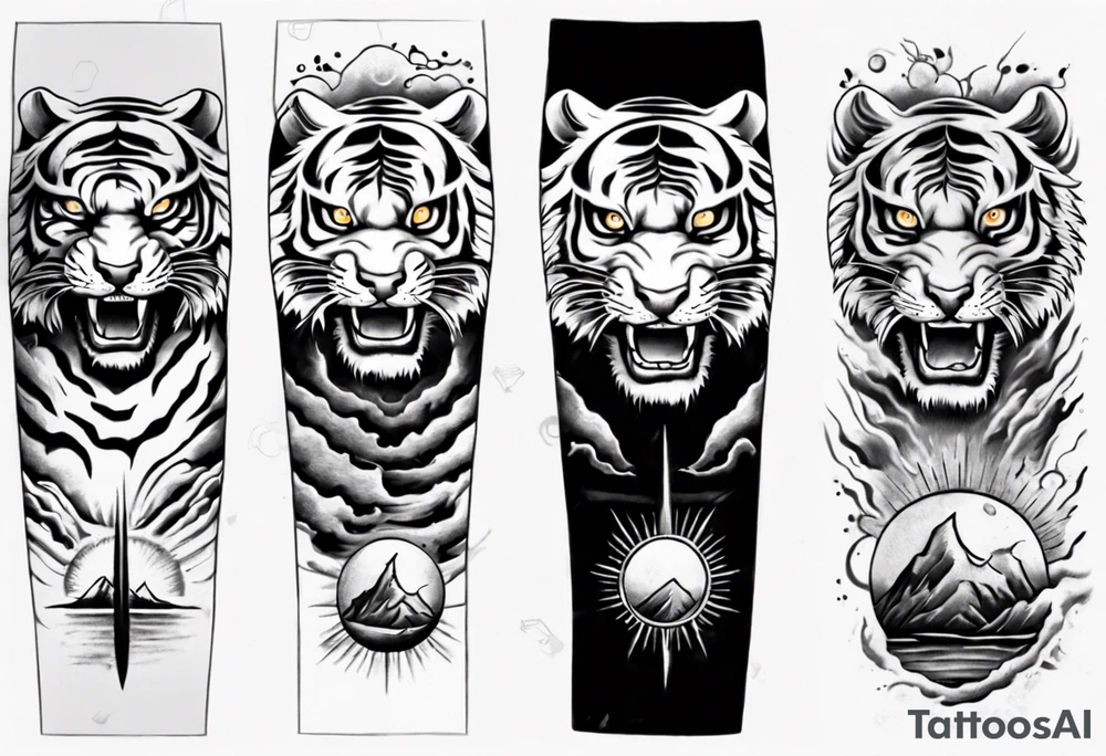 Tiger sleeve tattoo with lightning and the sun
Forearm sleeve tattoo idea