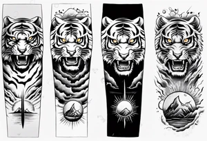 Tiger sleeve tattoo with lightning and the sun
Forearm sleeve tattoo idea