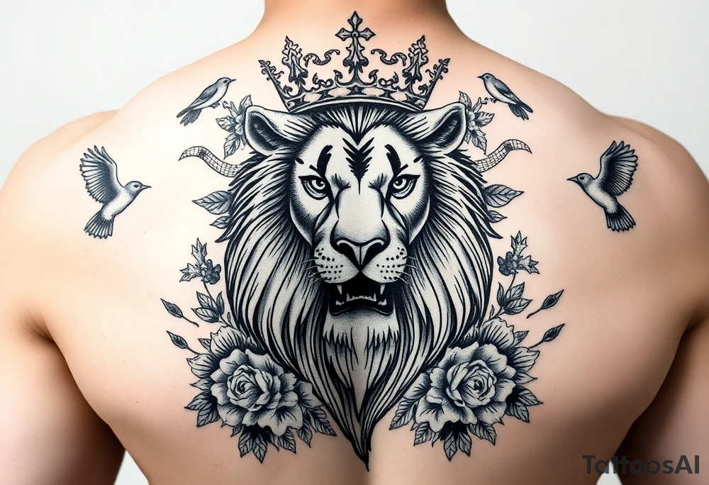 powerful majestic lion with a crown, surrounded by floral ornaments and birds tattoo idea