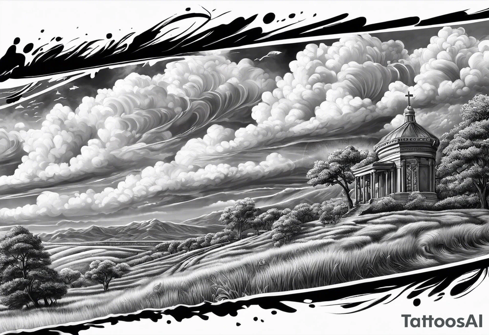 realistic forearm sleeve of money,kids, clouds journey, bible verses tattoo idea