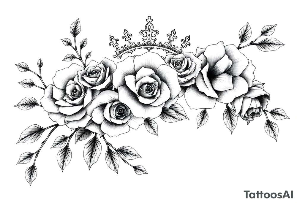 detailed beautiful gothic boho flowers and roses on vine with gorgeous crown ornamental tattoo idea