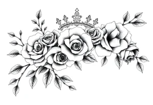 detailed beautiful gothic boho flowers and roses on vine with gorgeous crown ornamental tattoo idea