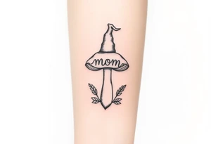 Mushroom with word mom on it with gnome on top tattoo idea
