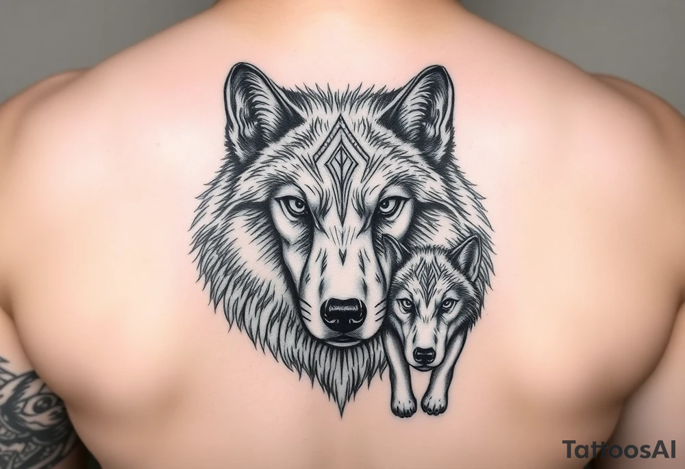 A solitary yet sublime and noble wolf and its progeny. the face tattoo idea