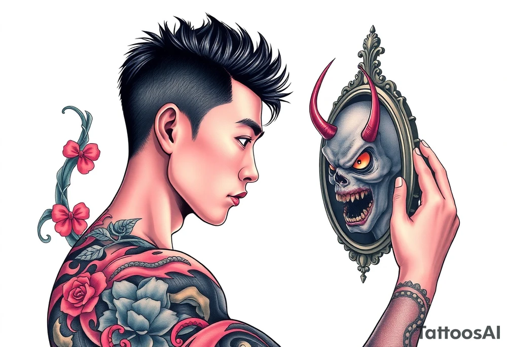 Handsome Asian young guy is looking in cursed mirror and see the evil tattoo idea