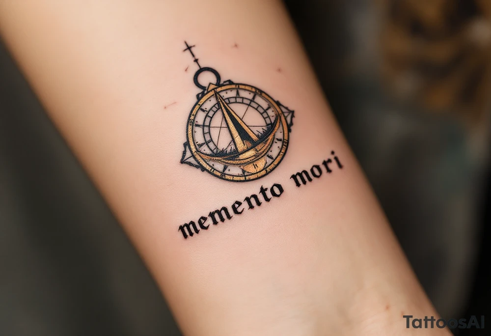 A cracked sundial in old bronze hues, casting a shadow over the words "memento mori" in distressed serif type. tattoo idea