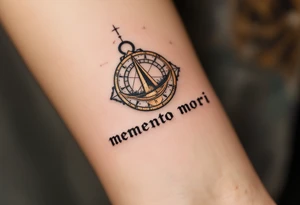 A cracked sundial in old bronze hues, casting a shadow over the words "memento mori" in distressed serif type. tattoo idea