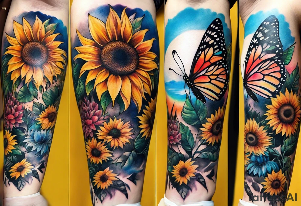 arm sleeve with dreamcatcher, rainbow sunflowers and one butterfly tattoo idea