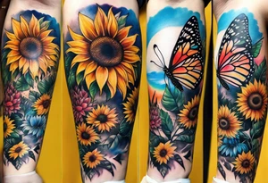 arm sleeve with dreamcatcher, rainbow sunflowers and one butterfly tattoo idea