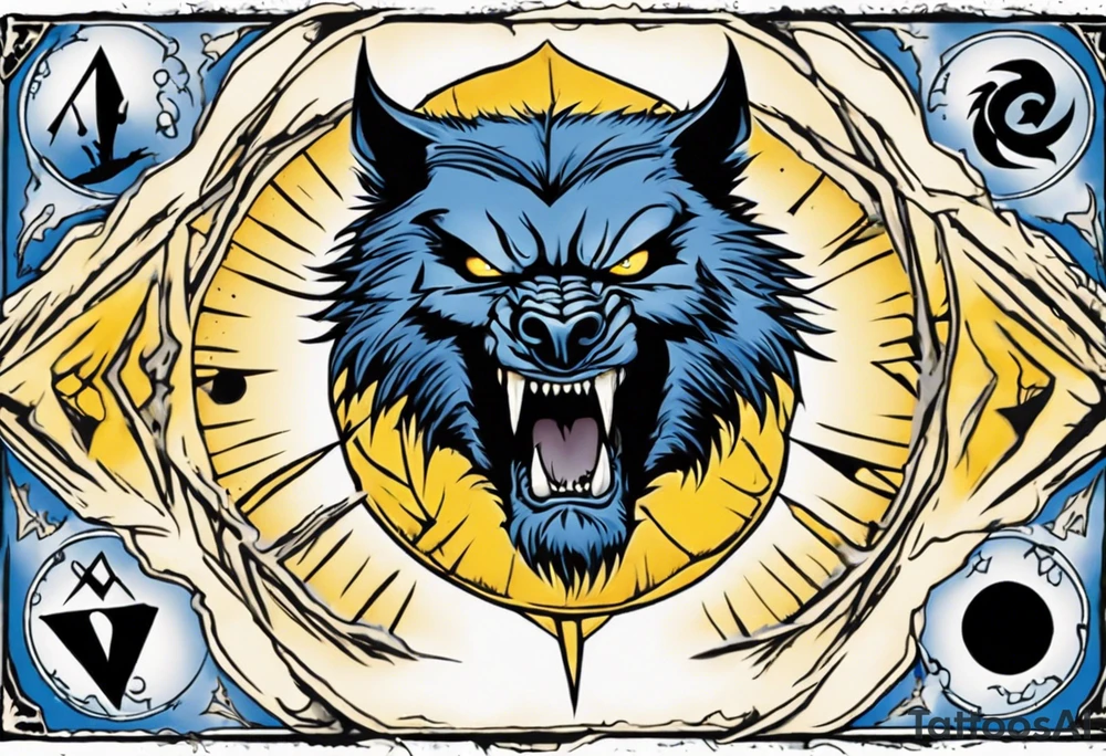 A large 20 sided Dice in the center with numbers and wolverine claw marks framing the area underneath the dice and a werewolf howling at the moon in the background, and blue and yellow faded background color tattoo idea