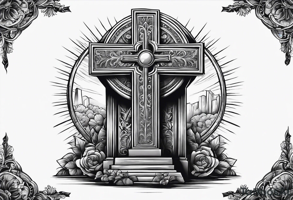 Tomb with cross and sun in the background tattoo idea