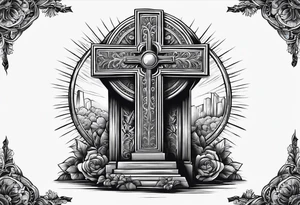 Tomb with cross and sun in the background tattoo idea