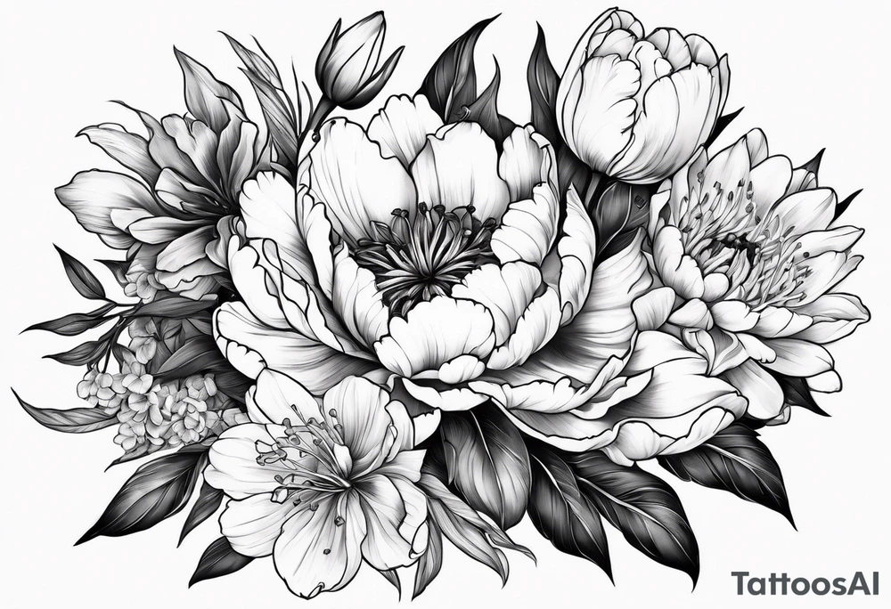 One flower of Peony, tulip, sunflower, cherry blossom and Lily bouquet tattoo idea
