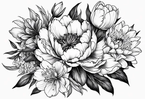 One flower of Peony, tulip, sunflower, cherry blossom and Lily bouquet tattoo idea