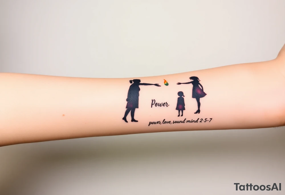 Silhouette of grandmother, mother and daughter passing a flame from oldest to youngest with the flame growing as it goes. Make the flame in watercolor motif and the silhouettes simple. Incorporate the words power, love and sound mind. Or 2 Timothy: 5-7 tattoo idea