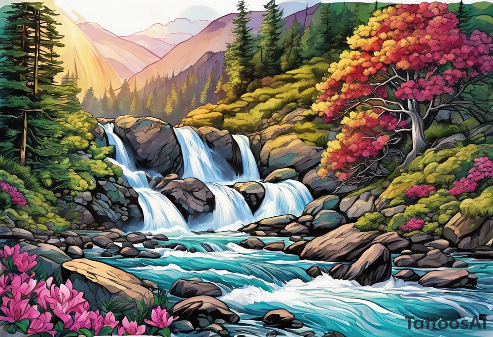 Rocky rapid stream flowing into a rhododendron waterfall inside of the body of a rainbow trout tattoo idea